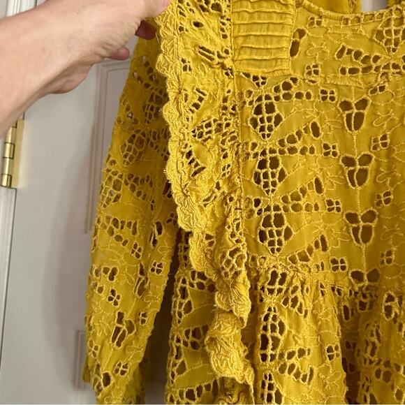 Anthropologie Yellow Clementine Blouse Eyelet Ruffle Puff Sleeve Top Shirt Sz 0 - Picture 15 of 16